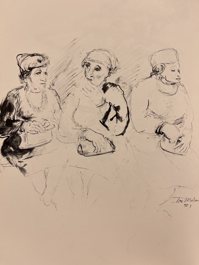 σχέδιο του Ira Moskowitz που απεικονίζει τρεις καλοντυμένες Εβραίες γυναίκες, αδρά σκιτσαρισμένες, να κάθονται δίπλα δίπλα κρατώντας τσάντες πάνω στα πόδια τους